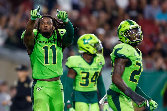 South Florida Bulls quarterback Gerry Bohanon (11) reacts after recovering a fumble against the UCF Knights during the third quarter at Raymond James Stadium in 2022.